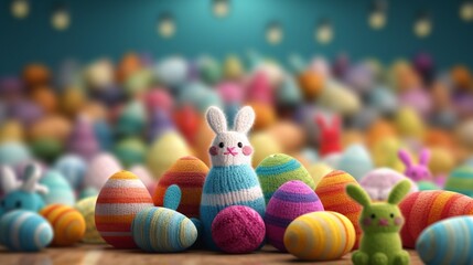 Knitted easter eggs bunny background happy easter Ai Generative - obrazy, fototapety, plakaty