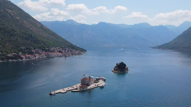 Drone view of Our Lady of the Rocks and Bay of Kotor 