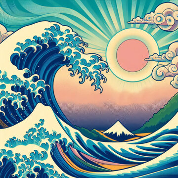 Hokusai The Great Wave Of Kanagawa adult coloring page.