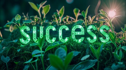 Green LED Success concept creative horizontal art poster. Photorealistic textured word Success on artistic background. Horizontal Illustration. Ai Generated Achievement and Victory Symbol.