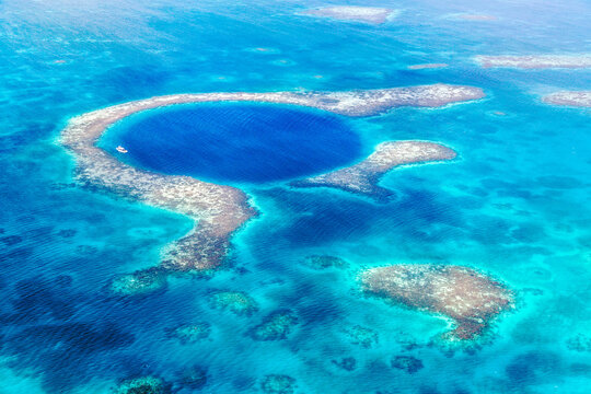 Aerial view of the Blue Hole, Lighthouse Reef, Belize, Caribbean