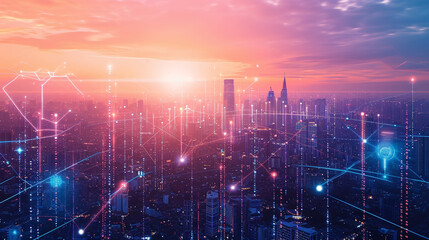 Fototapeta premium A smart city with AI-driven sustainability solutions, world of the future, dynamic and dramatic compositions, with copy space