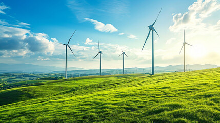An advanced wind farm on a grassy plain, symbolizing renewable energy progress, world of the future, dynamic and dramatic compositions, with copy space