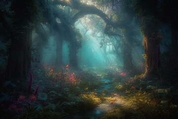 Mystical forest oasis where imagination blooms. Generative AI - obrazy, fototapety, plakaty