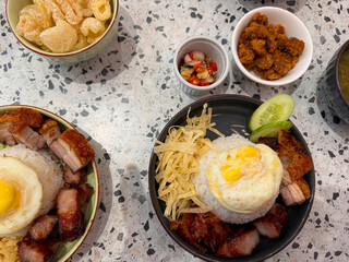 roasted pork, rice in plate, nasi babi panggang