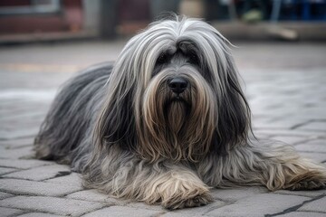 A dog breed with long facial hair is seated on the ground. Generative AI