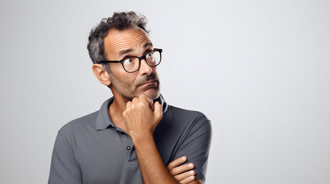 An old man with glasses on thinking of an idea while his hand on the chin