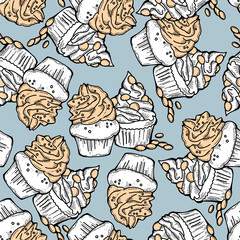 Tasty sweet cupcake dessert decorative seamless vector pattern for textile design, fabric print, digital or wrapping, wall paper, background and backdrop, bakery shop decoration, cafe, restaurant menu