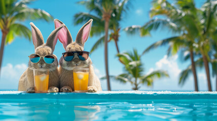 Easter bunnies on vacation with cold drinks by swimming pool, palm trees in background. Holidays bunner