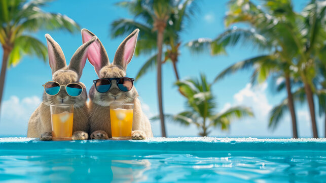 Easter bunnies on vacation with cold drinks by swimming pool, palm trees in background. Holidays bunner