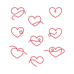Czerwone serduszka. Kolekcja dziewięciu serc. Proste elementy do projektów rysowane linią - serce, miłość, walentynka, zdrowie, troska.
