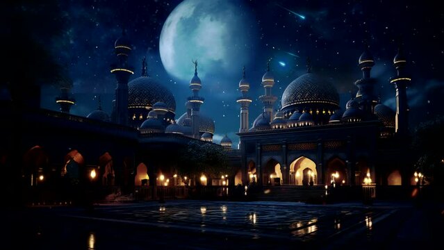 Isra Mi'raj Gorgeous mosque scenery featuring a massive moon vista and the Milky Way sky. Kareem Ramadan. in observance of Islamic Day. Isra Mi'raj, Adha, Fitr, and Ramadan