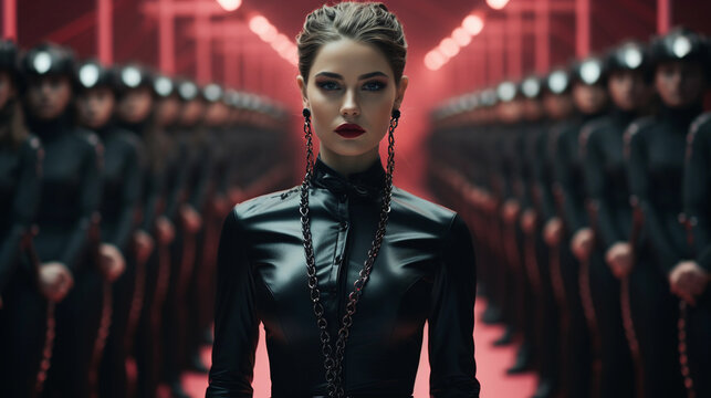 Sexy female dominatrix in a nightclub, dressed in leather clothes.