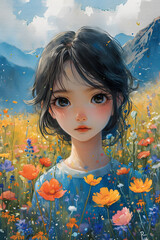 girl with flowers in mountain