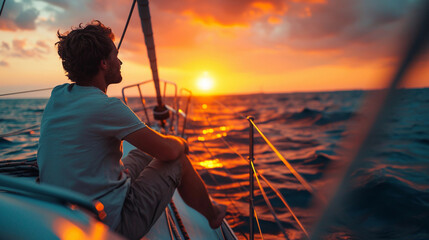 A man traveler sits on a yacht in the middle of the sea and watches the sunset.