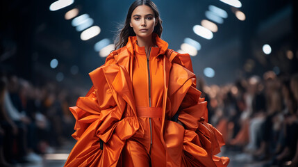 A girl on the catwalk demonstrates clothes from a new collection