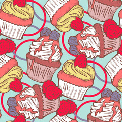 Tasty sweet cupcake dessert decorative seamless vector pattern for textile design, fabric print, digital or wrapping, wall paper, background and backdrop, bakery shop decoration, cafe, restaurant menu