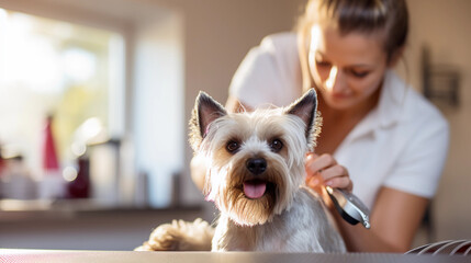 Services for animals. A groomer cuts a small white dog.