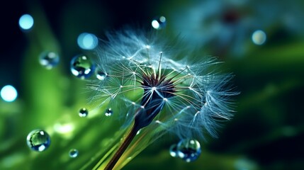 Beautiful shiny dew water drop on dandelion seed Ai Generative