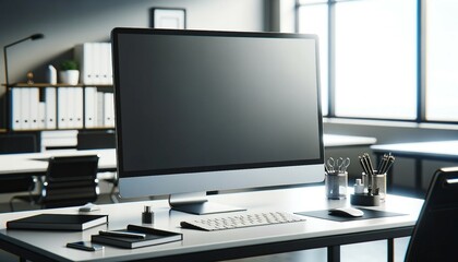 Close up of modern workplace with blank computer screen. Mock up, 3D Rendering