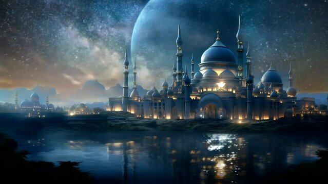 Ramadan baiground mosque at night full of stars and panoramic light. Ramadan Baiground, suitable for Islamic holidays throughout the world