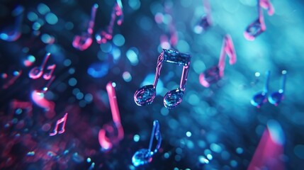 These floating holographic music notes seem to be suspended in midair forming a beautiful and ethereal arrangement reminiscent of a musical staff