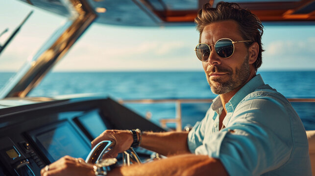 A male yachtsman steers a yacht in the sea.