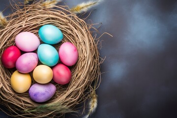 Naklejka na ściany i meble Happy Easter day decoration colorful eggs in nest on paper background with copy space - generative ai