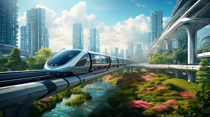 A high-speed monorail zipping through a futuristic, eco-friendly urban landscape - obrazy, fototapety, plakaty