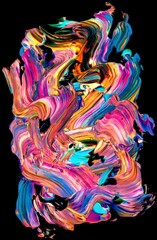 Vibrant, colorful and fluid abstract paint texture on a black background in a modern and contemporary style with shades of magenta, blue, pink, cyan, orange, yellow