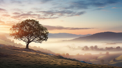 A lone oak tree on a misty hill at dawn
