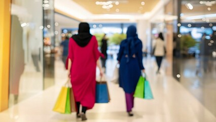 Rear view two young shopper muslim women holding shopping bags with shopping mall blurred background