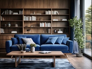 A modern living room with a blue sofa and bookshelf, featuring exquisite detailing and soft atmospheric lighting. Generative AI.