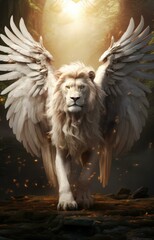 A white lion with wings and a sun shining on it. Generative AI.