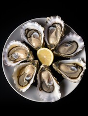 A plate of oysters with a lemon on top. Generative AI.