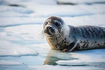 Young seal on lake ice, unique to Lake Baikal in Siberia, Russia. Generative AI
