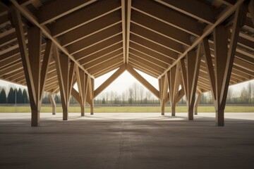 A large wooden structure with a large open space. Generative AI.