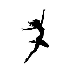 Tańcząca młoda kobieta z rozwianymi włosami. Tancerka w ekspresyjnej pozie. Czarna sylwetka na białym tle. - obrazy, fototapety, plakaty