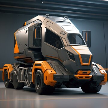 A futuristic truck with orange and gray paint. Generative AI.