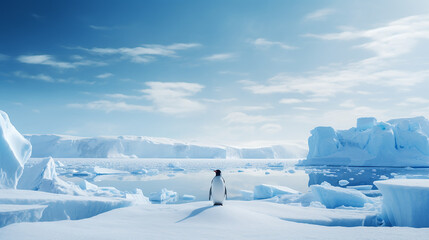 Fototapeta na wymiar nature winter background with a lone penguin standing on a vast icy land