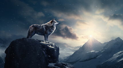 a lone wolf howling at the moon on a snowy mountain ridge
