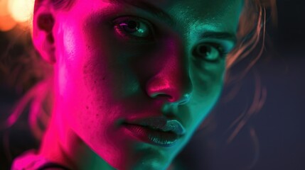 A portrait of a woman with neon green and pink lights highlighting her sharp features, adding a sense of intensity to the image.