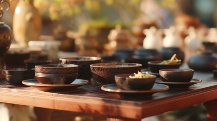 Closeup of a traditional tea ceremony set up at a cultural tea festival.