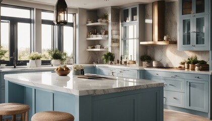 A sleek, modern kitchen with white marble countertops and pale blue cabinetry, bathed in the warm