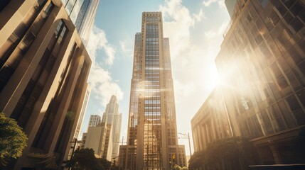 Fototapeta na wymiar Modern urban downtown skyscrapers, reflection of window glass building with day light, business finance wallpaper background.