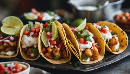An array of street-style fish tacos, with crispy battered cod, vibrant pico de gallo, and a lime 