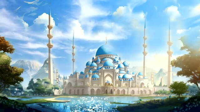 During the day, a smooth looping 4K animation depicts a Ramadan mosque background with butterflies flying.