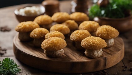 Breaded Mushroom Caps, golden-brown mushroom caps filled with cheese, arranged on a wooden platter