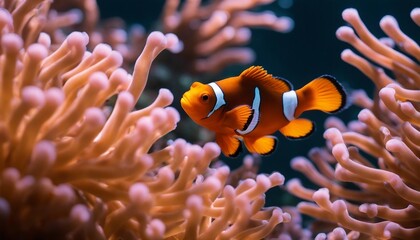 Clownfish in Anemone, a bright orange clownfish weaving through the vibrant tentacles of its sea  - obrazy, fototapety, plakaty