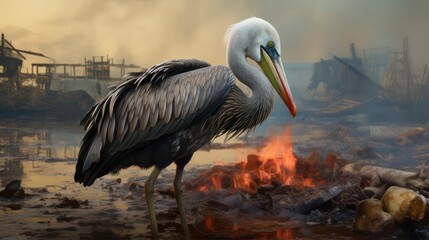 Fototapeta premium Illustration of a white-necked crane in the midst of a natural disaster and environmental crisis